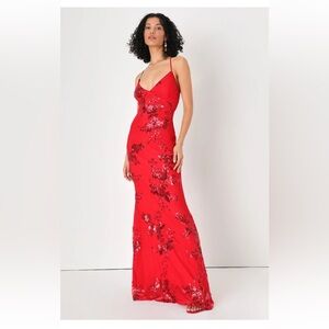 Lulus Valhalla Red Sequin Maxi Dress with lace up back, size large
